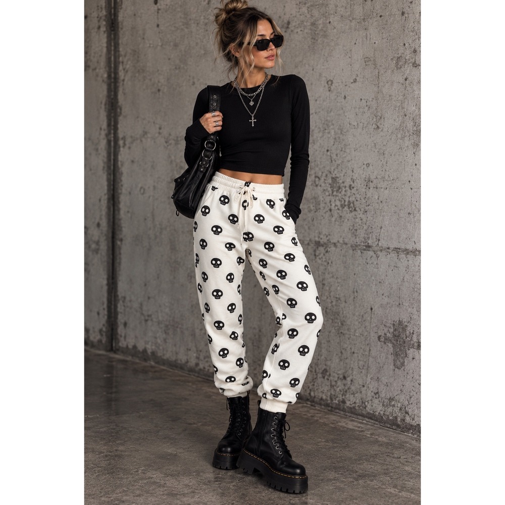 Better Together Womens Skull Print Joggers White Black Fleece Sweatpants Small